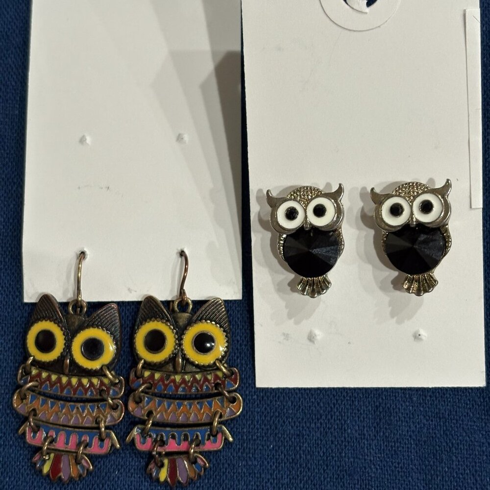 Two Pairs of Owl Earrings For Pierced Ears